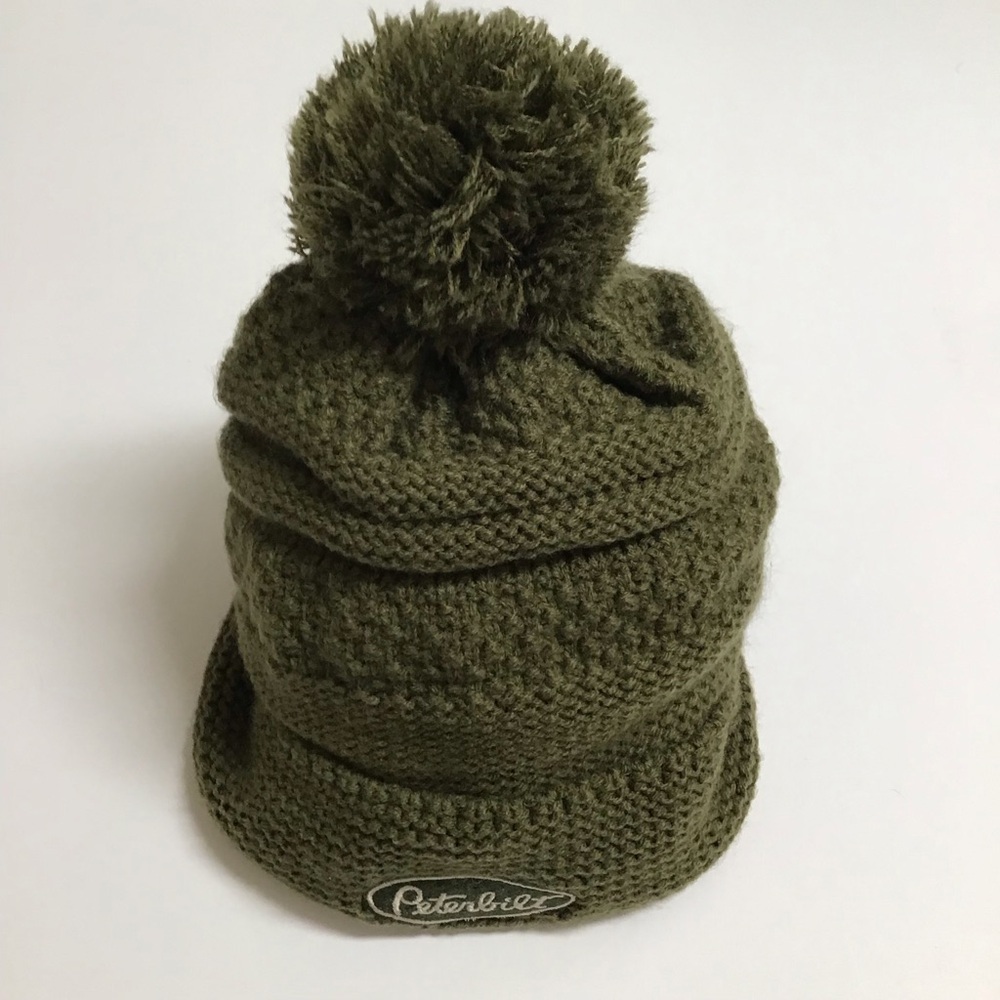 Peterbilt Big Rig Tractor Pom Knit Beanie Patch Ski Beach Skate Army Green VTG - Picture 2 of 10